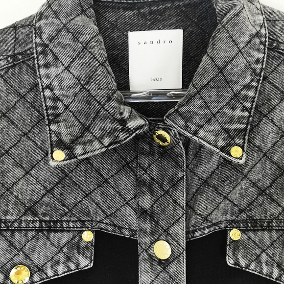 Sandro Paris Coat Size 0 XS Viscose Denim combo Jean Jacket Black Grey Gold Trim - Picture 7 of 15